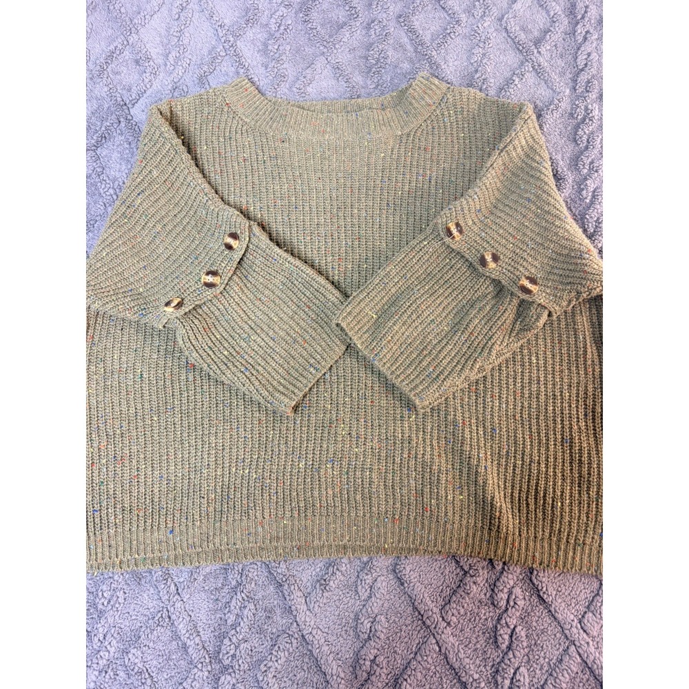 Easel Women's Small Olive Green Speckled Knit Sweater Button Cuff Long Sleeve
